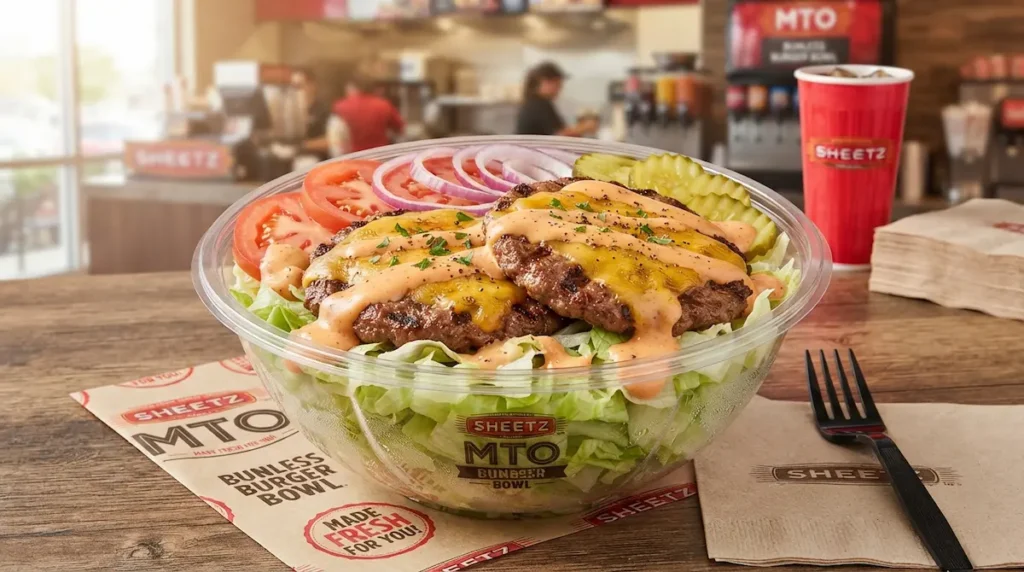 A Sheetz Made-to-Order burger served without a bun, with lettuce, tomato and onion in a bowl