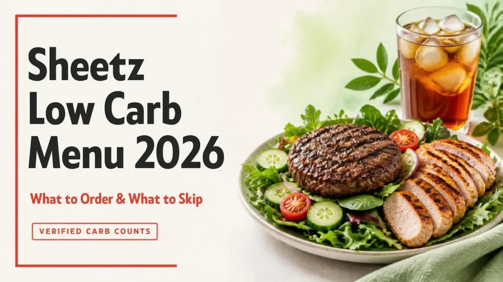 Bunless burger over a fresh salad with grilled chicken and unsweetened iced tea, low-carb options at Sheetz