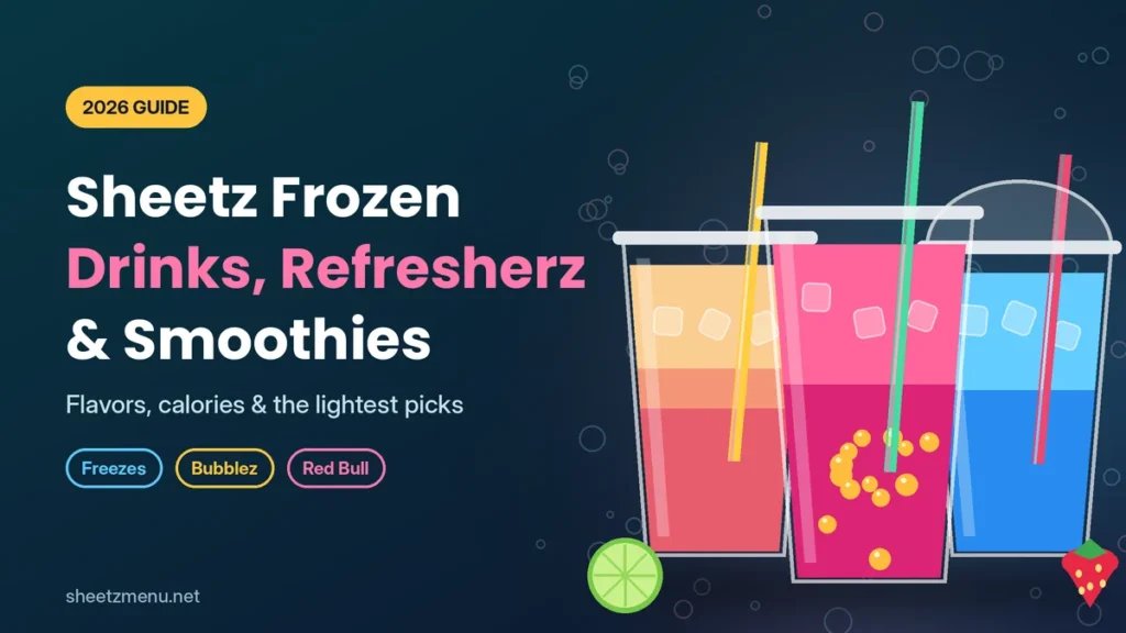 heetz Refresher with popping Bubblez next to a blue raspberry Freeze and a strawberry banana smoothie